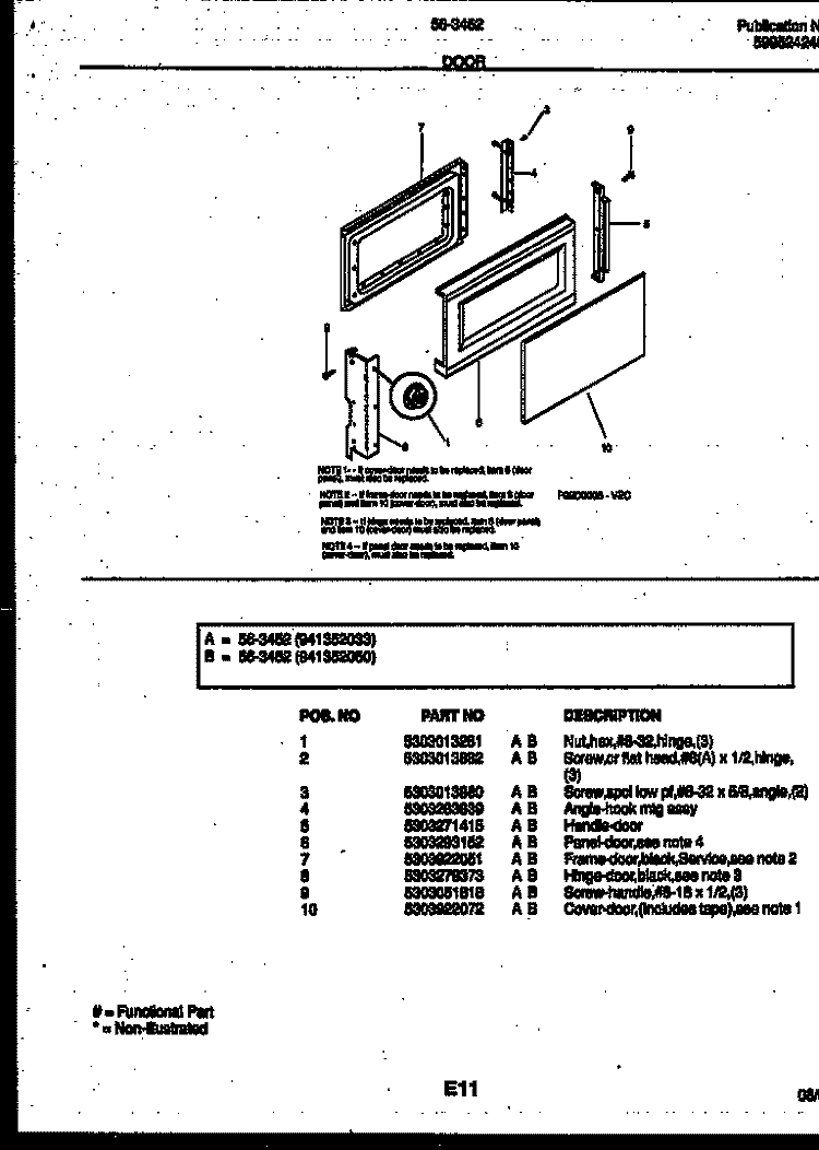 DOOR PARTS Diagram and Parts List for 56-3452-10-03  Tappan Microwave