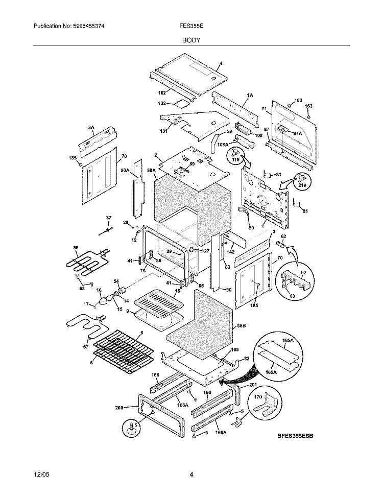 BODY Diagram and Parts List for FES355ESB  Frigidaire Range
