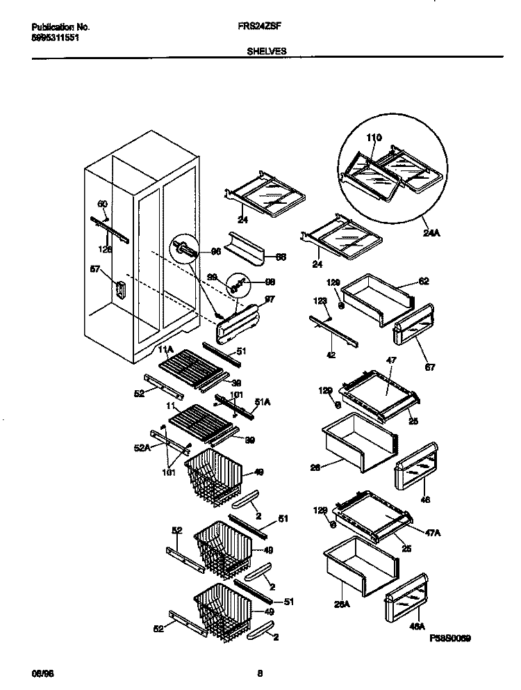 SHELVES Diagram and Parts List for FRS24ZSFB1  Frigidaire Refrigerator