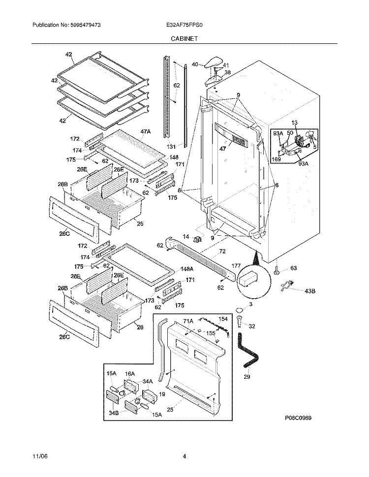 CABINET Diagram and Parts List for E32AF75FPS0  Electrolux Freezer
