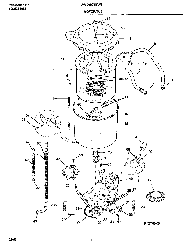 MOTOR / TUB Diagram and Parts List for FWS6973EW1  Frigidaire Washer