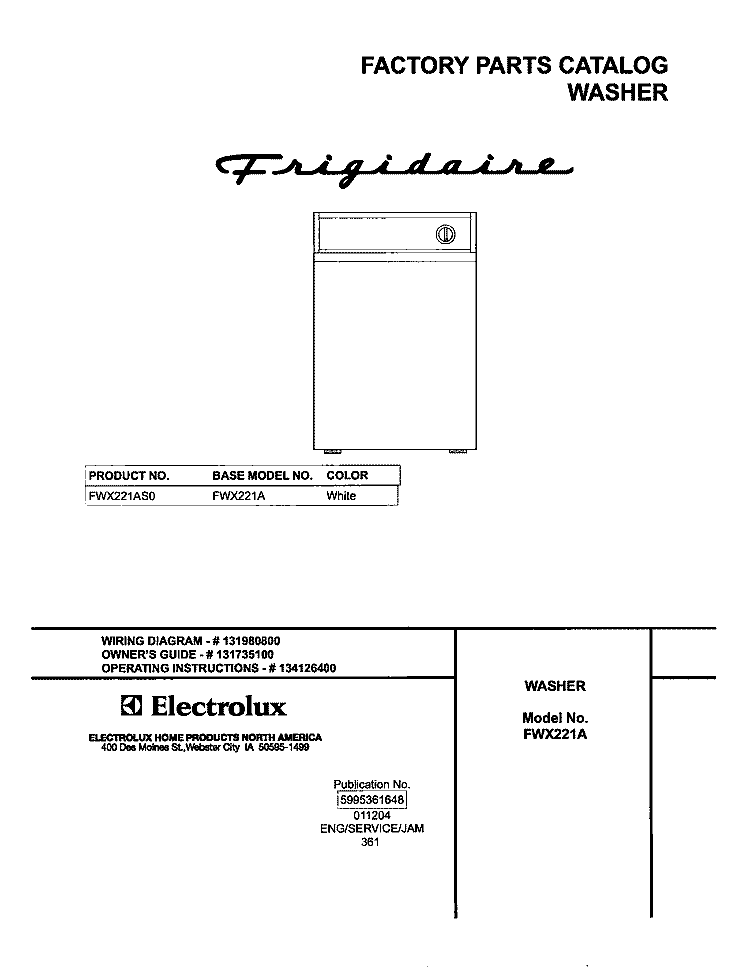 COVER Diagram and Parts List for FWX221AS0  Frigidaire Washer