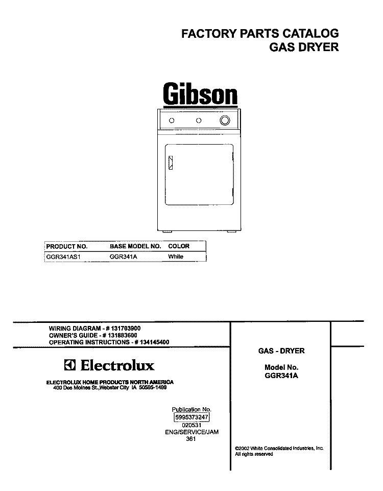 COVER Diagram and Parts List for GGR341AS1  Gibson Dryer