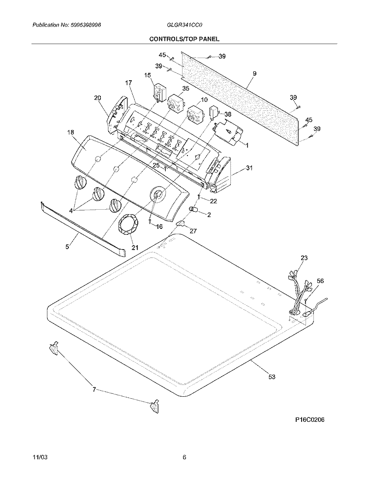 CONTROLS / TOP PANEL Diagram and Parts List for GLGR341CC0  Frigidaire Dryer