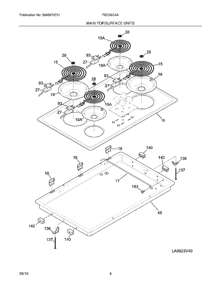 MAIN TOP Diagram and Parts List for FEC36C4AC1  Frigidaire Cooktop