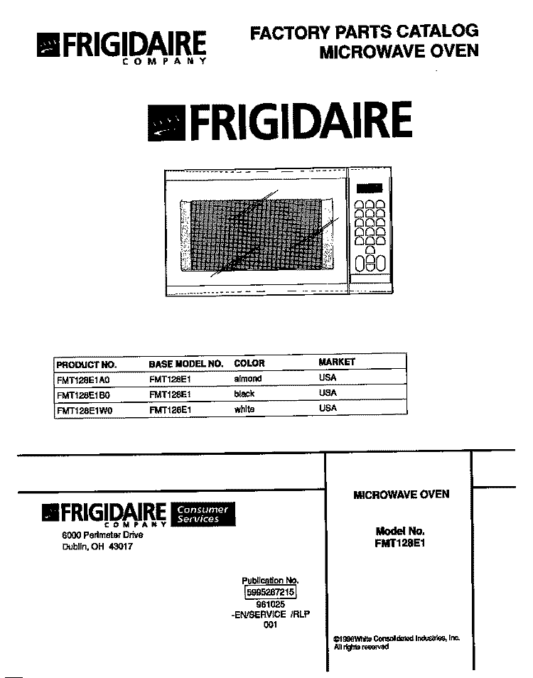 COVER Diagram and Parts List for FMT128E1B0  Frigidaire Microwave