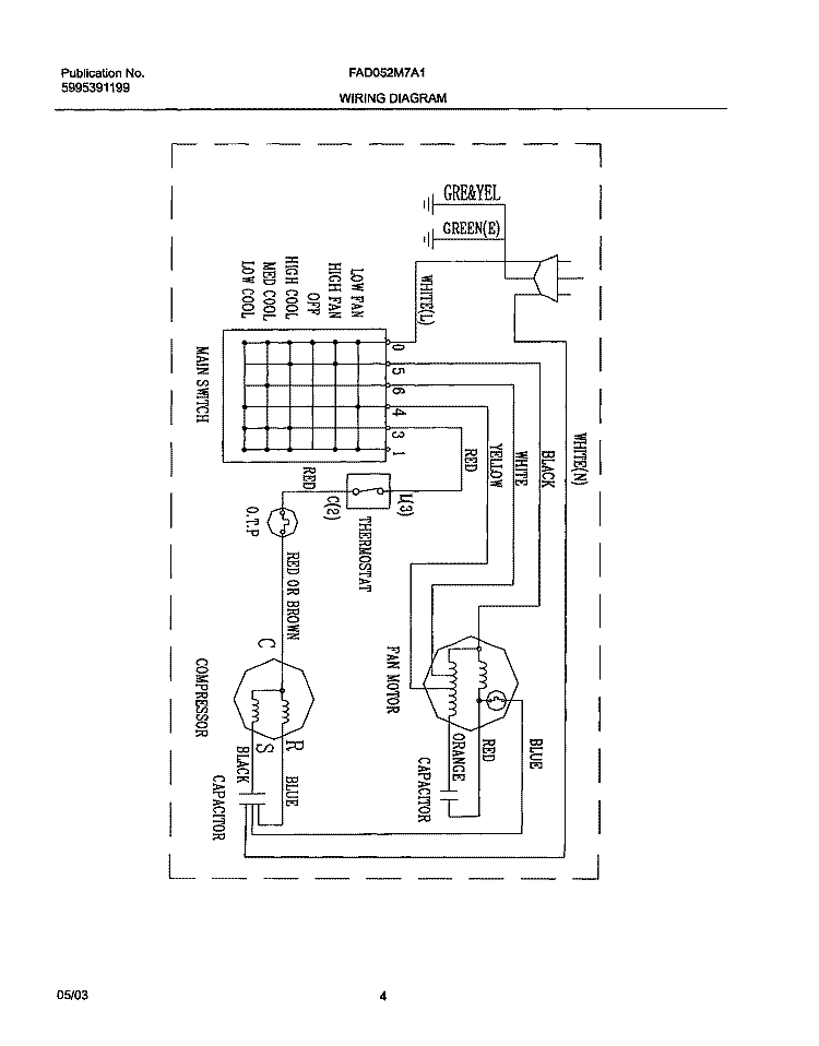WIRING DIAGRAM Diagram and Parts List for FAD052M7A1  Frigidaire Air Conditioner