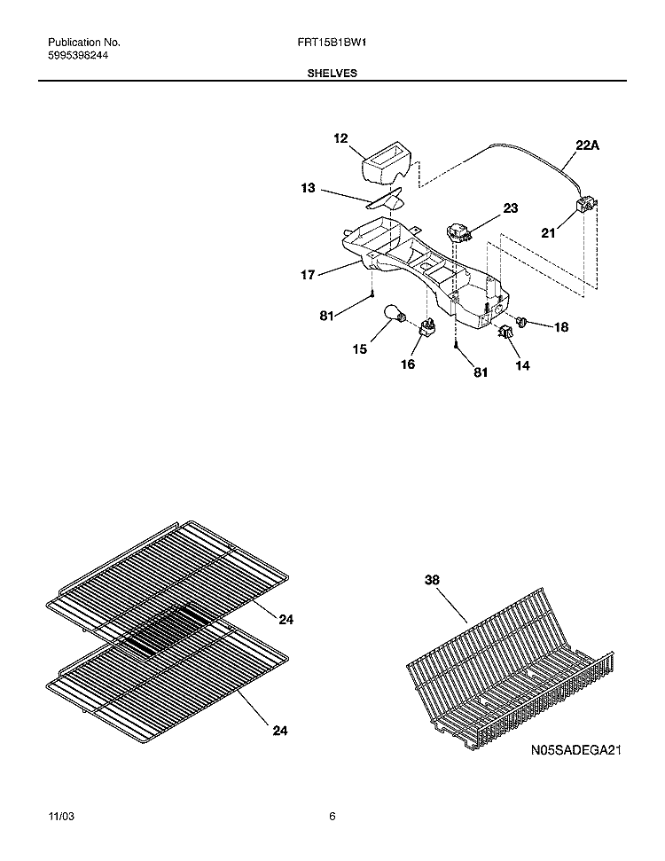 SHELVES Diagram and Parts List for FRT15B1BW1  Frigidaire Refrigerator