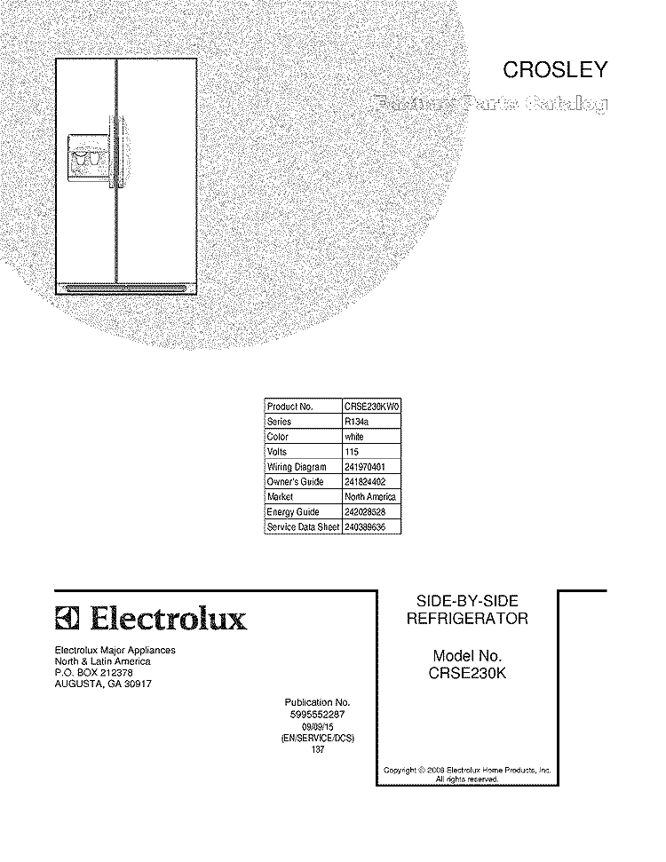 COVER Diagram and Parts List for CRSE230KW0  Frigidaire Refrigerator