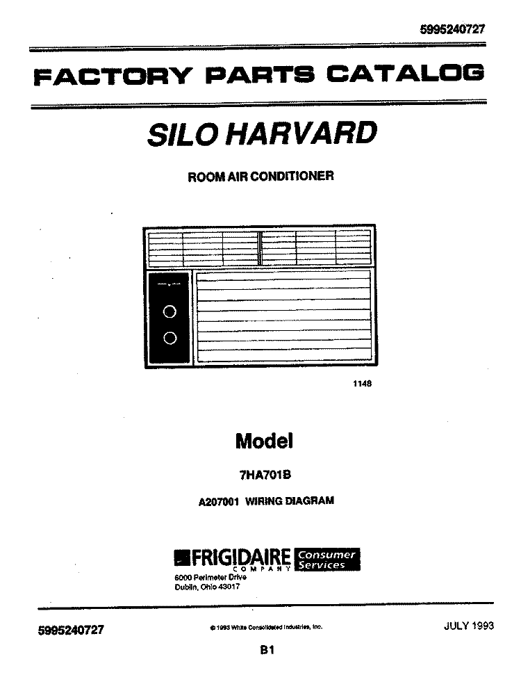 COVER Diagram and Parts List for 7HA701B  Frigidaire Air Conditioner