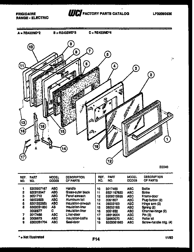 DOOR PARTS Diagram and Parts List for RE433MDB2  Frigidaire Range