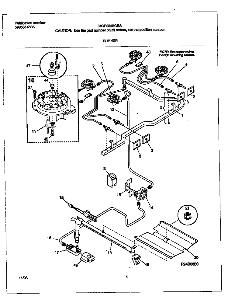 BURNER Diagram and Parts List for MGF334BGBA  Frigidaire Range