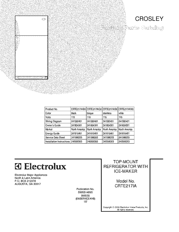COVER Diagram and Parts List for CRTE217IAQ0  Frigidaire Refrigerator