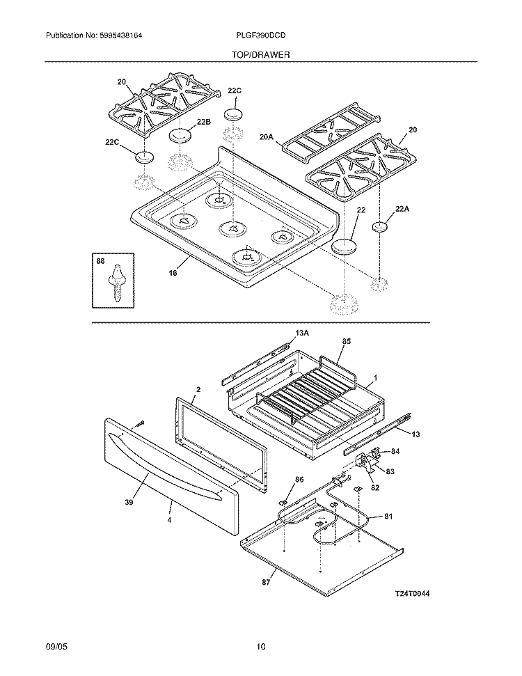 TOP / DRAWER Diagram and Parts List for PLGF390DCD  Frigidaire Range