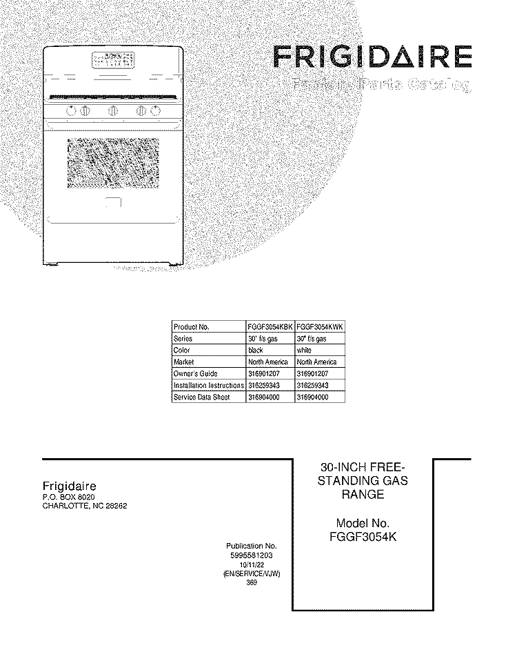 COVER Diagram and Parts List for FGGF3054KBK  Frigidaire Range