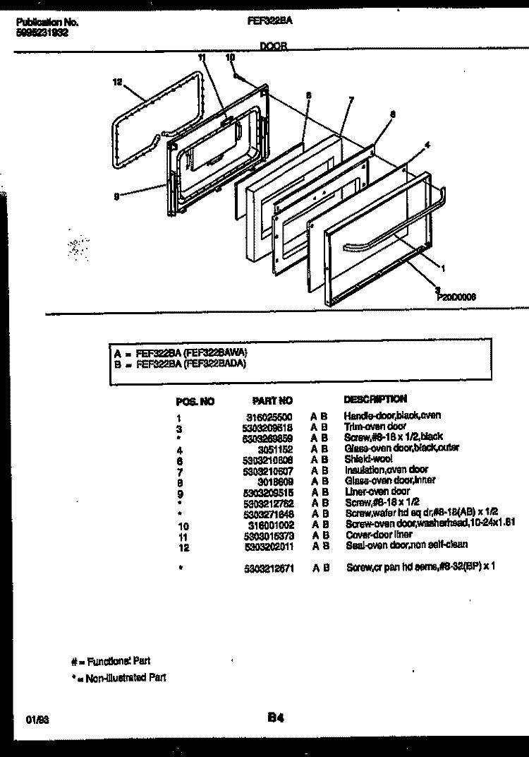 DOOR PARTS Diagram and Parts List for FEF322BADA  Frigidaire Range