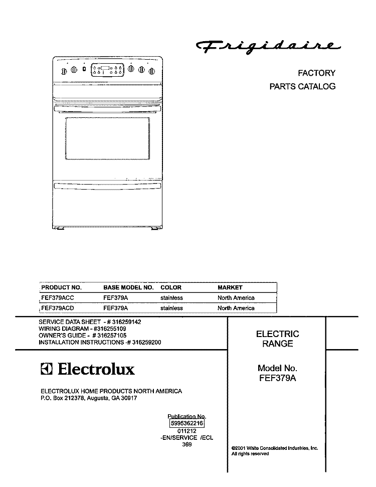 COVER Diagram and Parts List for FEF379ACD  Frigidaire Range