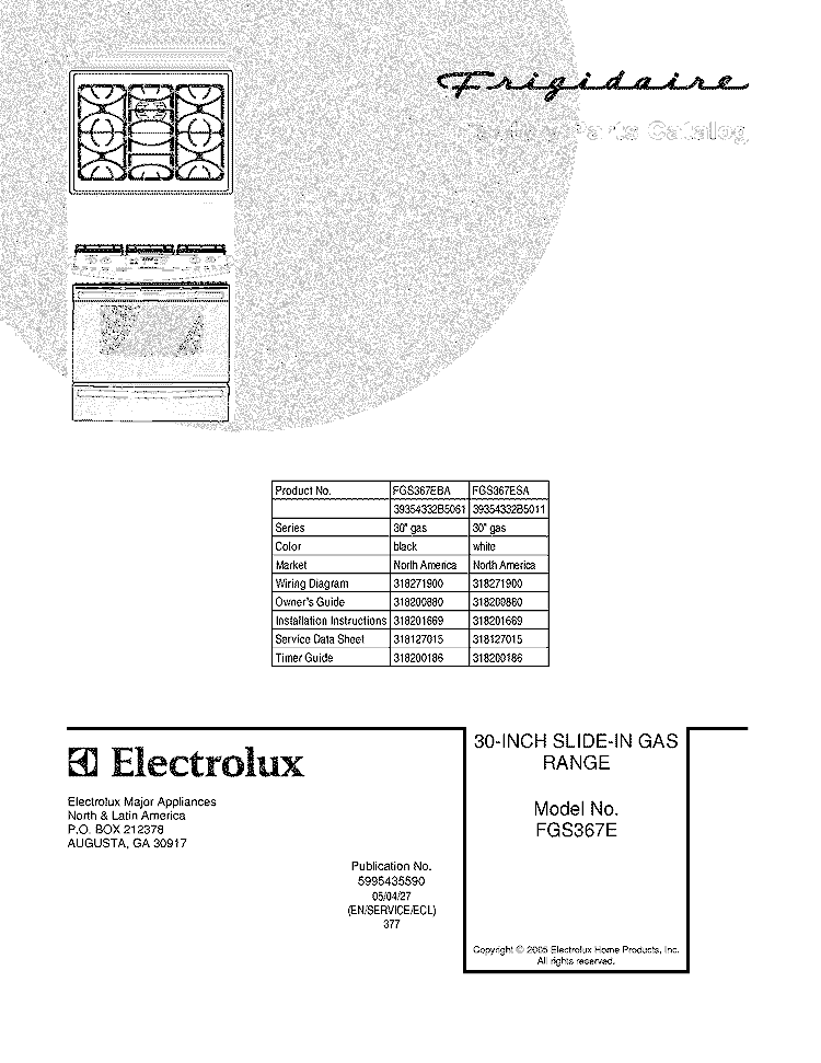 COVER Diagram and Parts List for FGS367ESA  Frigidaire Range