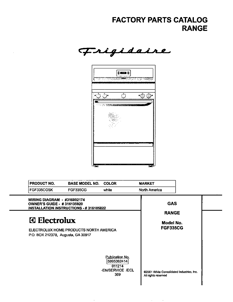 COVER Diagram and Parts List for FGF335CGSK  Frigidaire Range