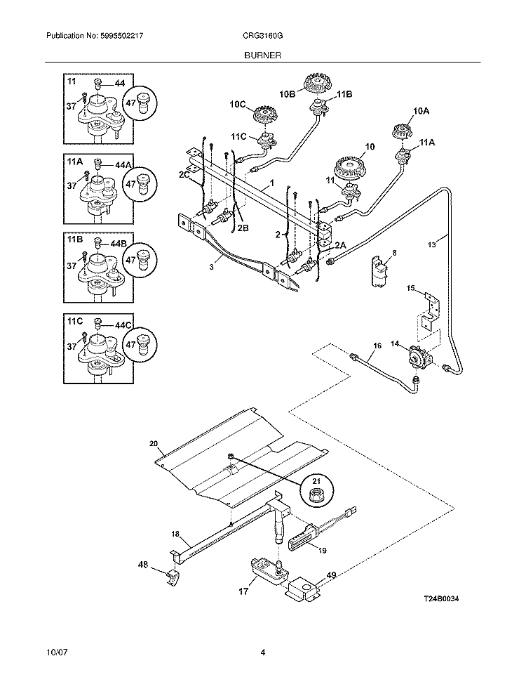 BURNER Diagram and Parts List for CRG3160GBBB  Crosley Range