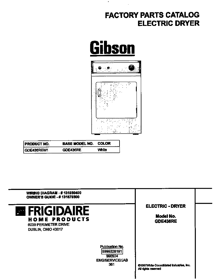 COVER Diagram and Parts List for GDE436REW1  Gibson Dryer