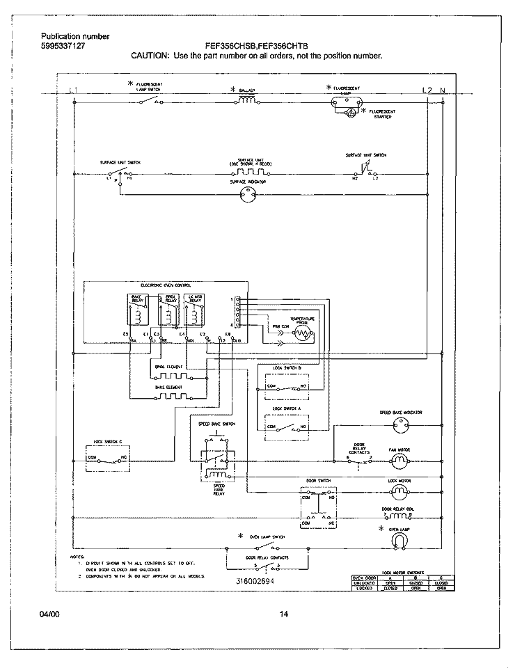 WIRING DIAGRAM Diagram and Parts List for FEF356CHTC  Frigidaire Range