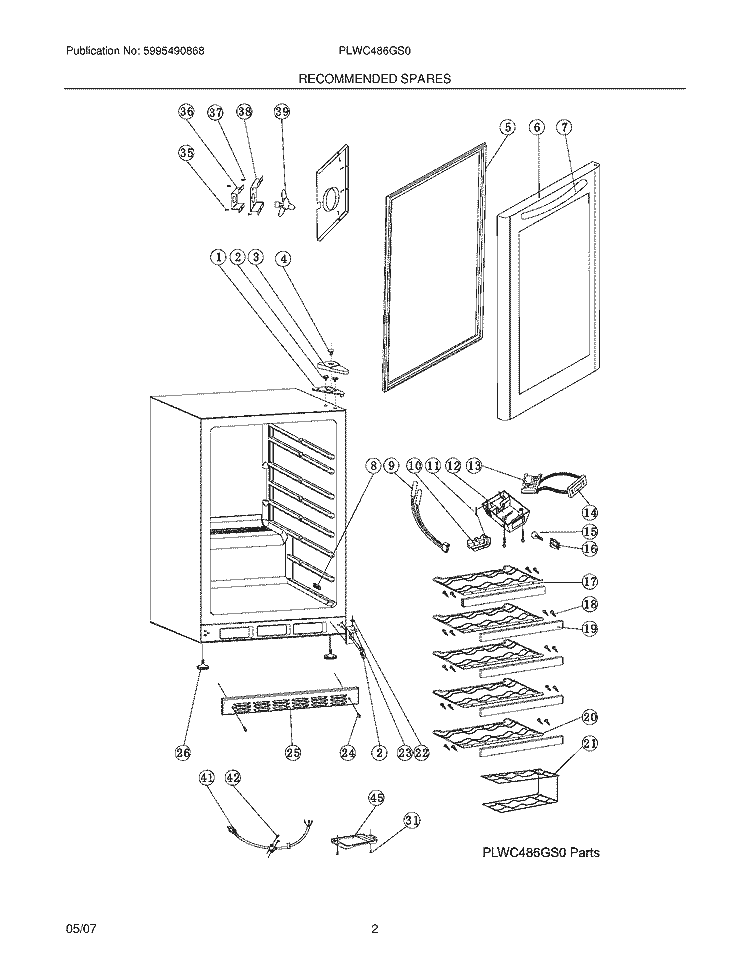 RECOMMENDED SPARE PARTS Diagram and Parts List for PLWC486GS0  Frigidaire Wine and Beverage Cooler