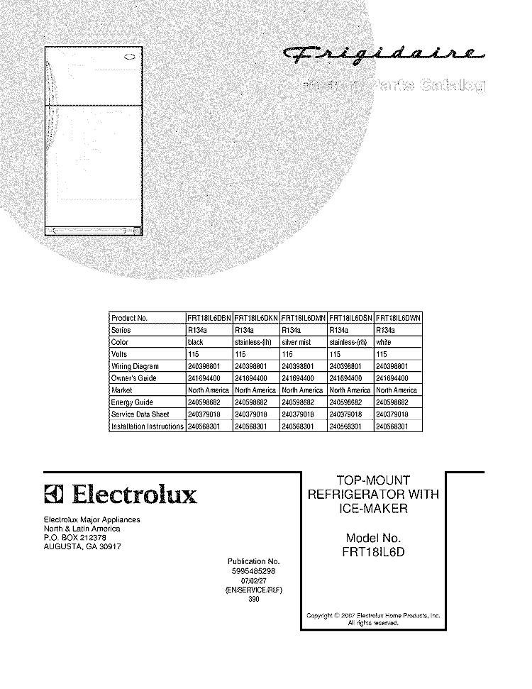 COVER Diagram and Parts List for FRT18IL6DMN  Frigidaire Refrigerator