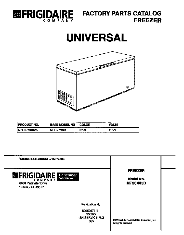 COVER Diagram and Parts List for MFC07M3BW2  Frigidaire Freezer
