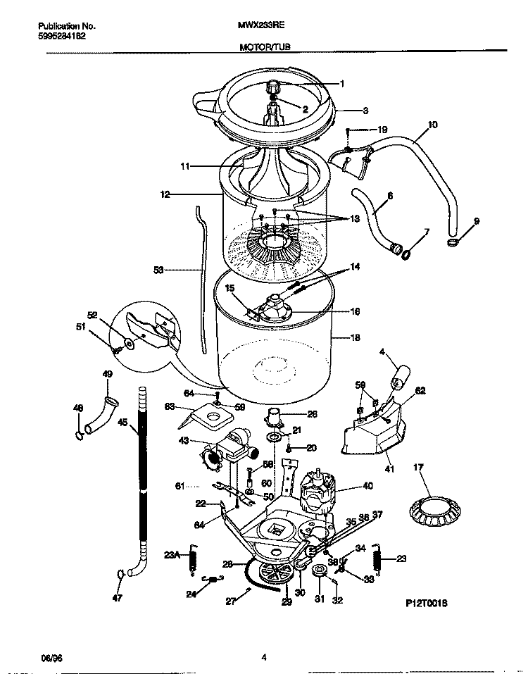 MOTOR / TUB Diagram and Parts List for MWX233REW0  Frigidaire Washer