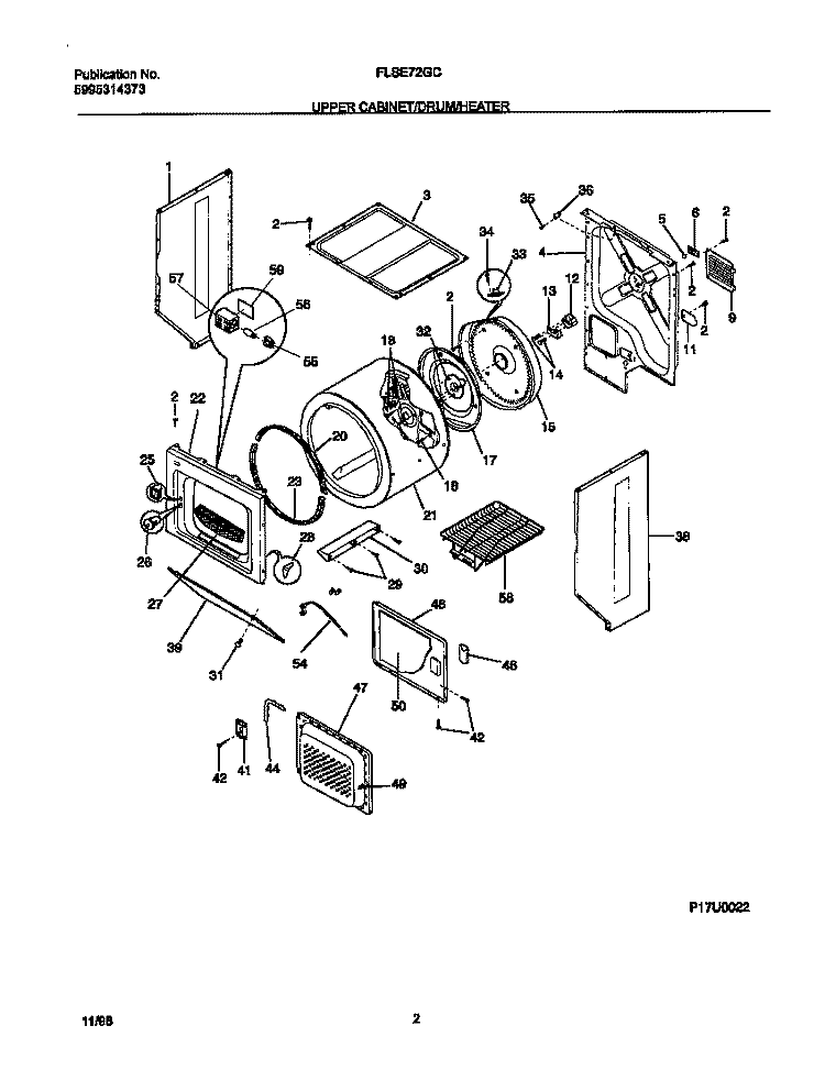 P17U0022 DRY CAB, DRM, HTR Diagram and Parts List for FLSE72GCSA  Frigidaire Washer Dryer Combo
