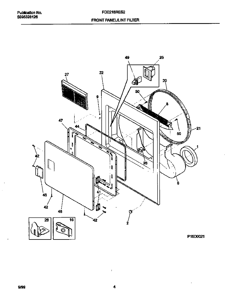 FRONT PANEL / LINT TRAP Diagram and Parts List for FDE216RES2  Frigidaire Dryer