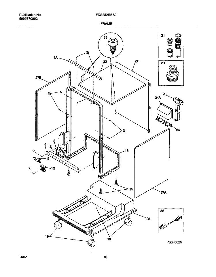 FRAME Diagram and Parts List for FDS252RBS0  Frigidaire Dishwasher