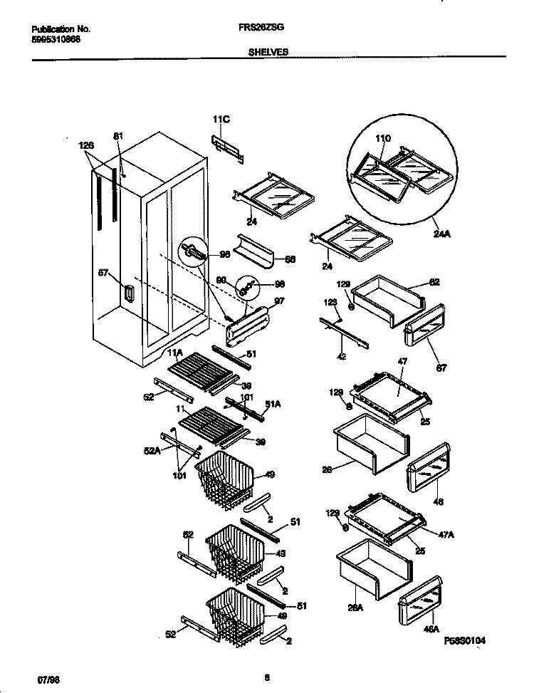 SHELVES Diagram and Parts List for FRS26ZSGW2  Frigidaire Refrigerator