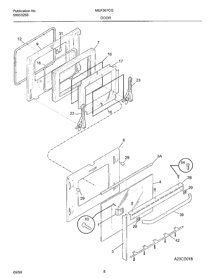 DOOR Diagram and Parts List for MEF367CGB3  Frigidaire Wall Oven