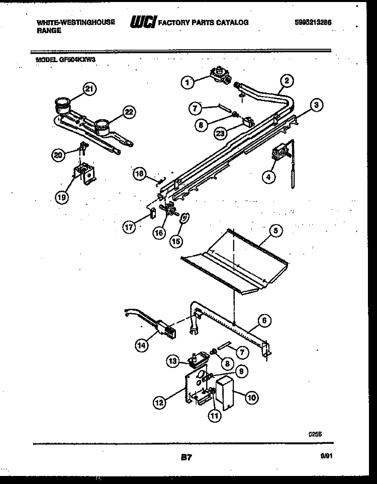 BURNER, MANIFOLD AND GAS CONTROL Diagram and Parts List for GF504KXD3  Frigidaire Range