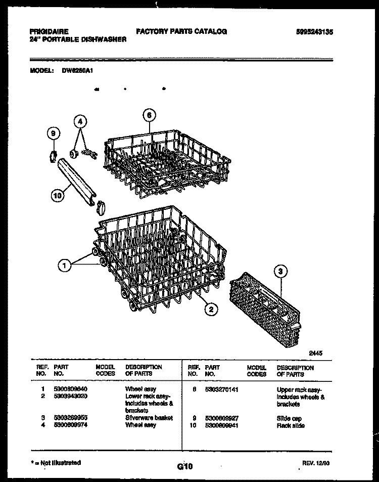 RACKS AND TRAYS Diagram and Parts List for DW6250A1  Frigidaire Dishwasher