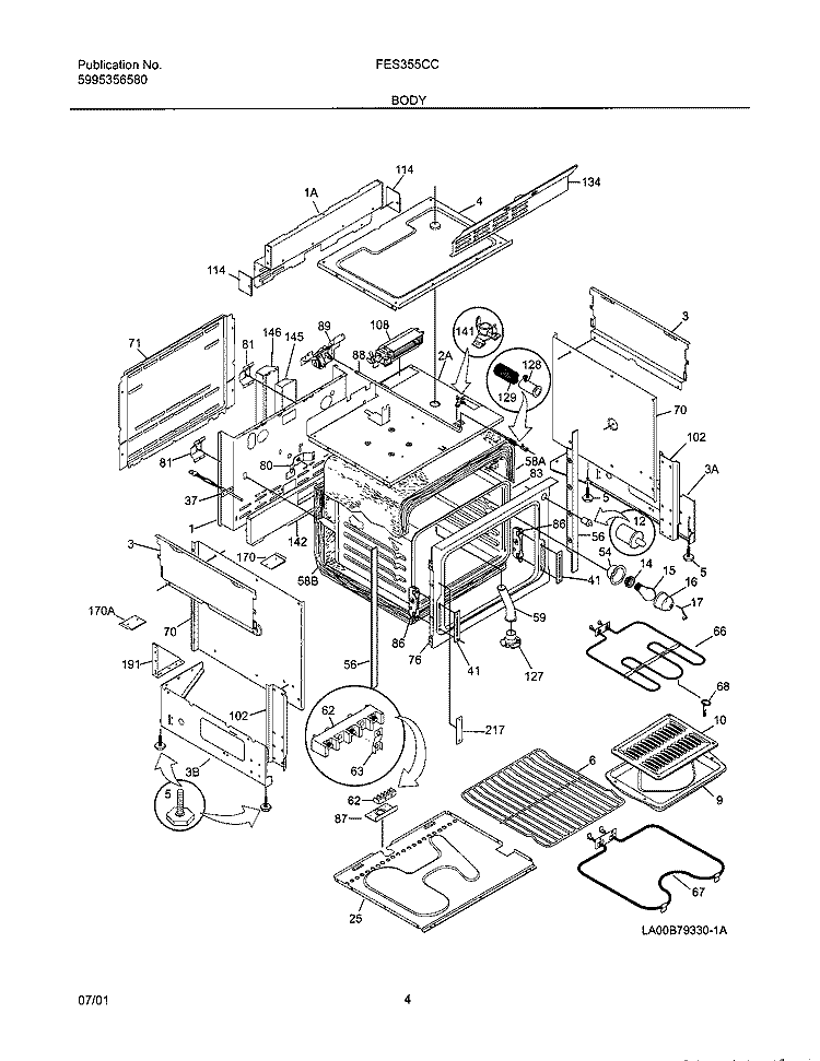 BODY Diagram and Parts List for FES355CCTK  Frigidaire Range