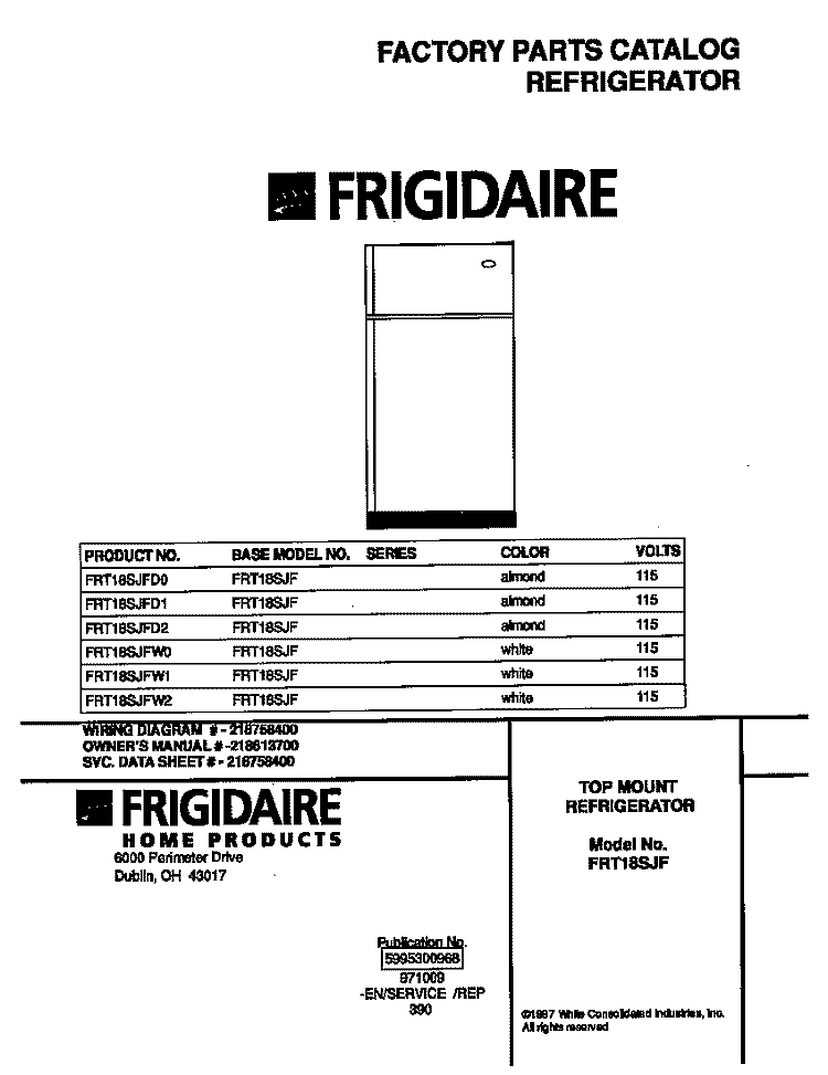 COVER Diagram and Parts List for FRT18SJFD1  Frigidaire Refrigerator