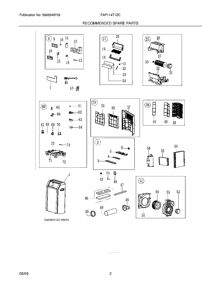RECOMMENDED SPARE PARTS Diagram and Parts List for FAP114T1ZC  Frigidaire Air Conditioner