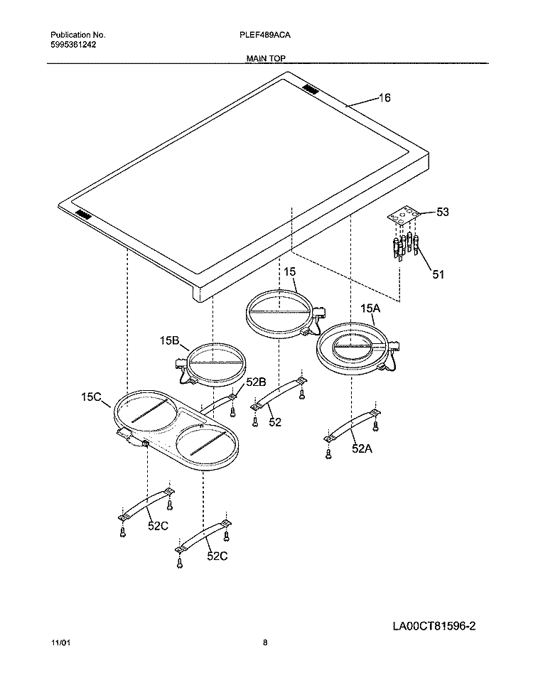MAIN TOP Diagram and Parts List for PLEF489ACA  Frigidaire Range
