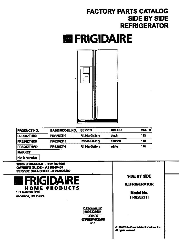 COVER Diagram and Parts List for FRS26ZTHB0  Frigidaire Refrigerator