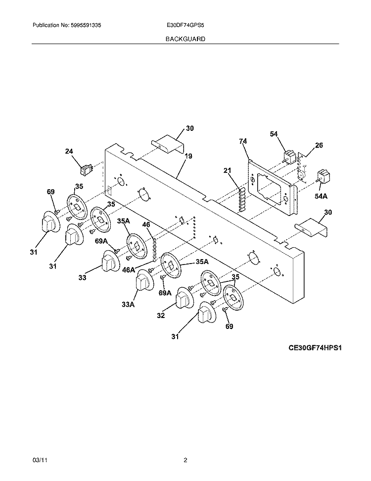 BACKGUARD Diagram and Parts List for E30DF74GPS5  Electrolux Range