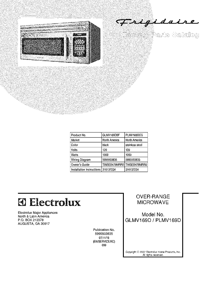 COVER Diagram and Parts List for GLMV169DBF  Frigidaire Microwave