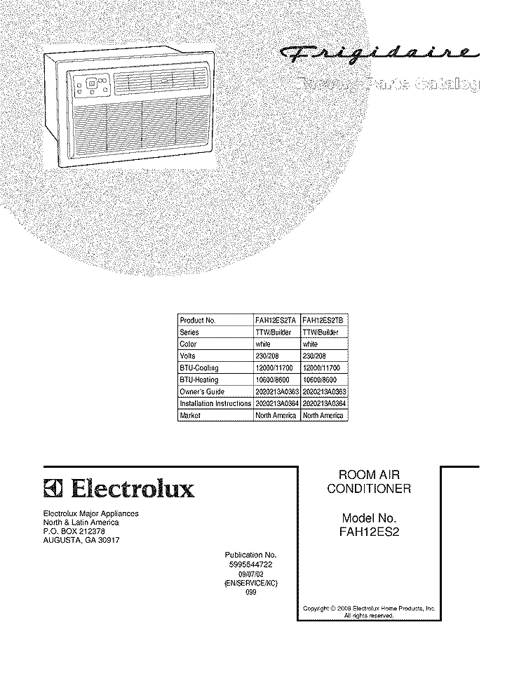 COVER Diagram and Parts List for FAH12ES2TB  Frigidaire Air Conditioner