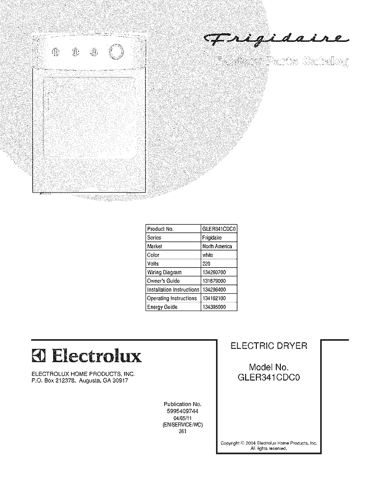 COVER Diagram and Parts List for GLER341CDC0  Frigidaire Dryer
