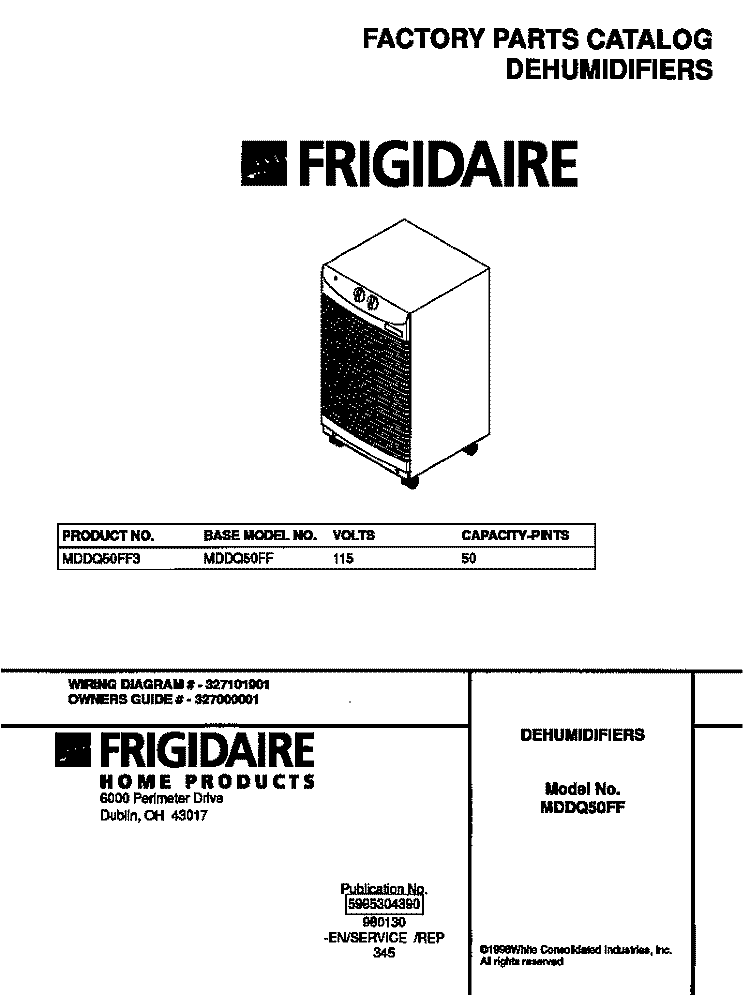 COVER Diagram and Parts List for MDDQ50FF3  Frigidaire Dehumidifier