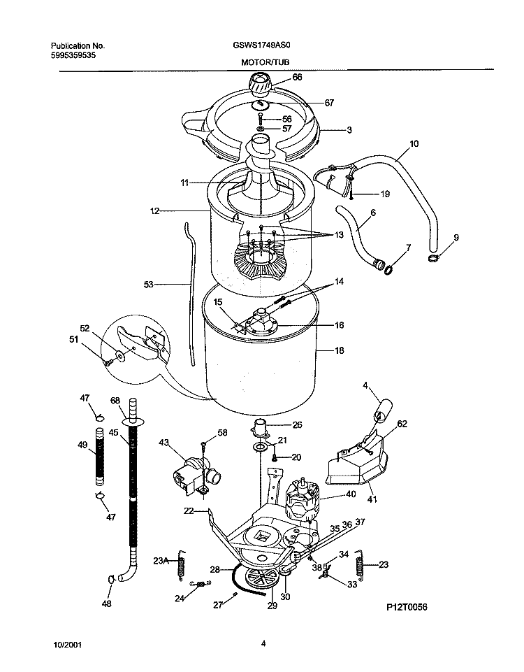 WSHR MTR, HOSE Diagram and Parts List for GSWS1749AS0  Frigidaire Washer