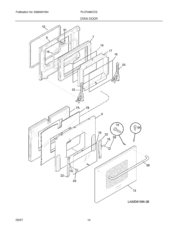 OVEN DOOR Diagram and Parts List for PLCF489CCG  Frigidaire Range