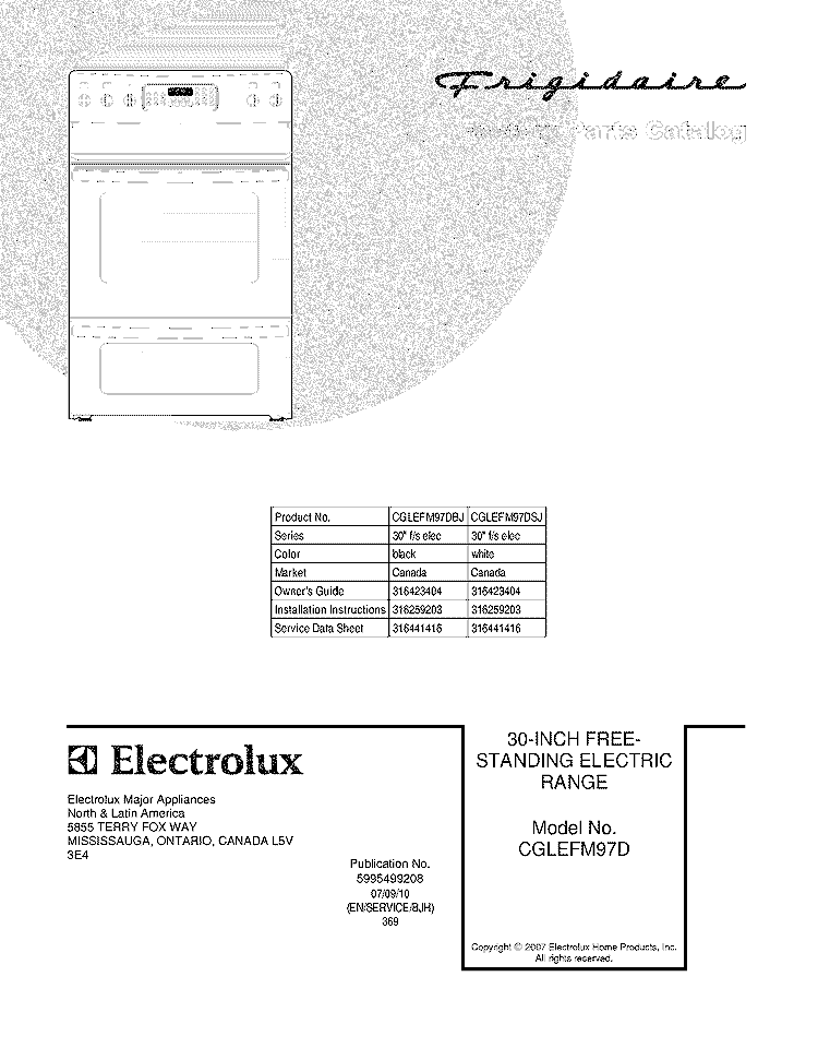 COVER Diagram and Parts List for CGLEFM97DBJ  Frigidaire Range
